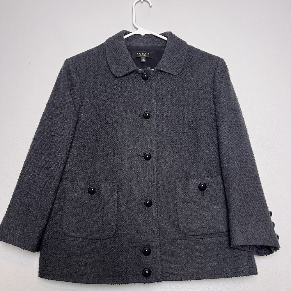 Talbots Womens Wool Blend Tweed Blazer Black Sz 12 Office Preppy Classic